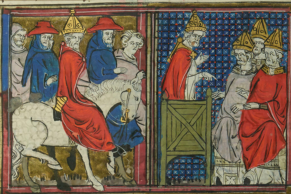 Urban II preaching at Clermont. From Roman de Godfroi de Bouillon. Source: Wikipedia