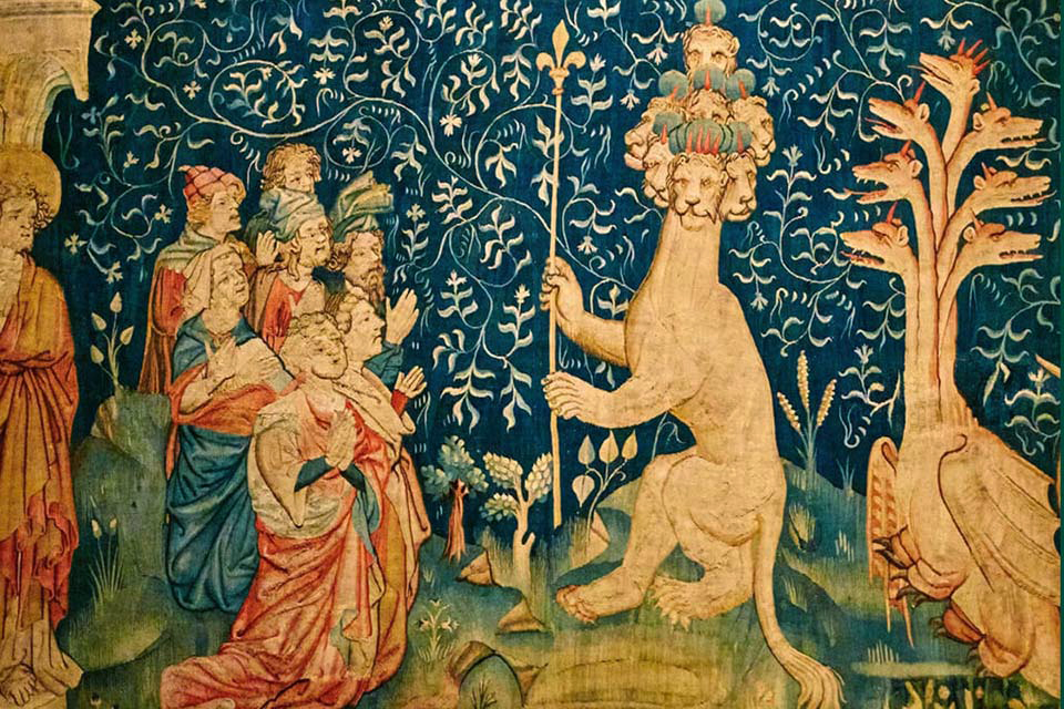 Apocalypse. Tapestry from the 14th century at Angers. The adoration of the Beast