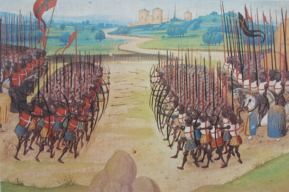 Battle of Agincourt 1415. From: l’Abrégé de la Chronique d'Enguerrand de Monstrelet, XVe siècle, Paris, BnF, département des Manuscrits, manuscrit Français 2680, folio 208. Source Wikipedia