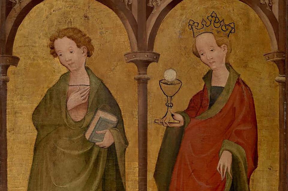 Unidentified artist, German, possibly Bohemian. Two Female Saints, 14th century. Oil and gold on panel, Overall: 31 3/8 x 23 1/8 in. (79.7 x 58.7 cm). Barnes Foundation BF875. Public Domain