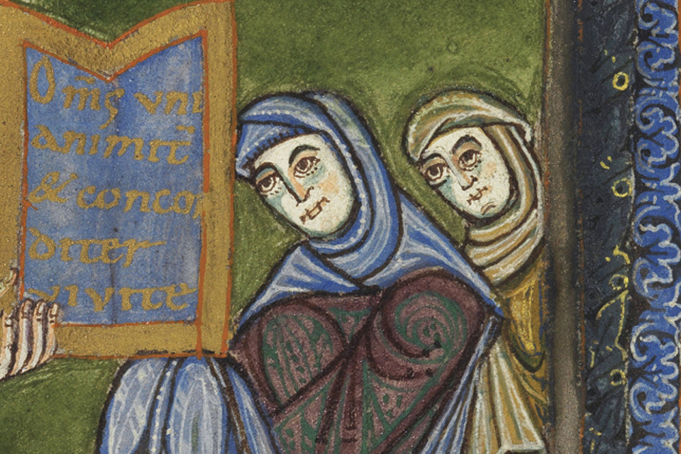 Dark Age Nunneries. Detail from an illustration of Cesarius of Arles offering his rule to the religious at Niedermeinster. From Bamberg, Staatsbibliothek, Ms. Lit. 142, f. 65r © Bamberg Statsbibliothek