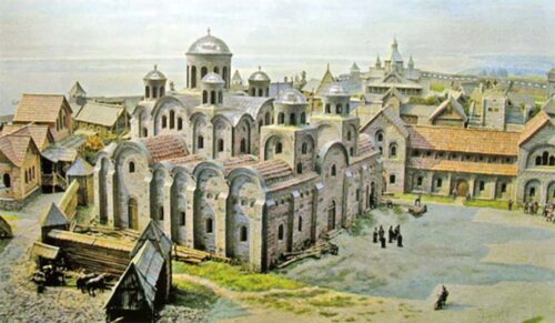 Central part of the 'City of Volodymyr', with the Church of the Dormition. Source: Reconstruction from the Museum of the Institute of Archaeology of the National Academy of Science of Ukraine.