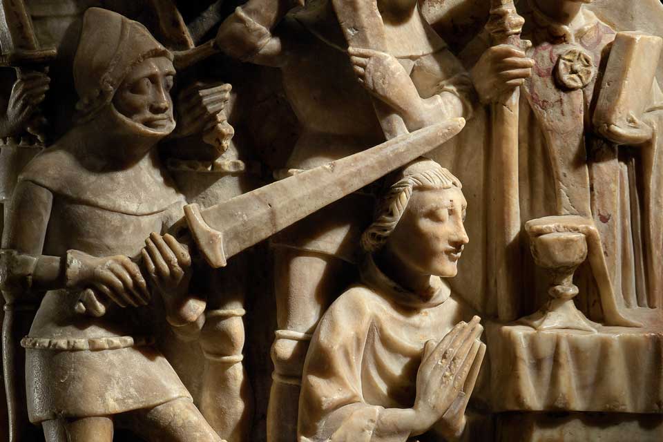Detail of Alabaster panel from an altarpiece showing Becket’s consecration as archbishop. England, first half of the 15th century. Private Collection. © Nicholas and Jane Ferguson.