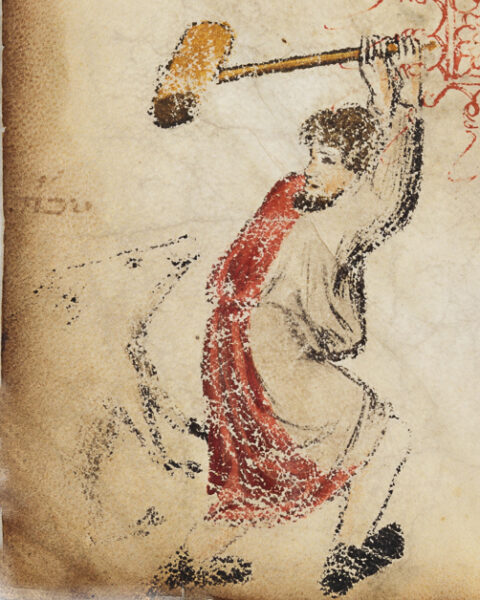 Detail from the Lombard Haggadah of the entry for December in the calendar, showing "the slaughtering of the pig". © Les Enlumieres