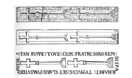 Drawings made of Antiquarians of tombstone from Vestervig. The inscription is generally regarded as too muddled to read with certainty. However, it does tell about a brother and a sister.