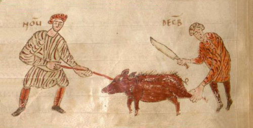 Killing the pig in Carolingian time. From calendar page. Munich, CLM 210/818