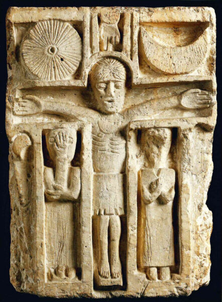 Sandstone relief with the crucifixionfrom the castle of Münchenwieler ca. 1100 © Historisches Museum Basel, Philipp Emmel