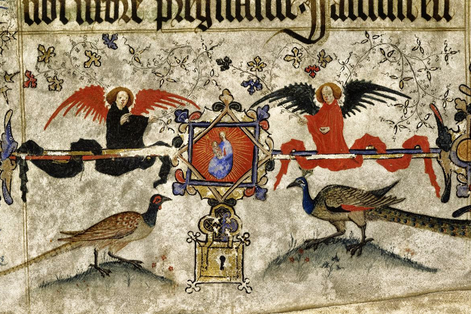 Peacock and -hen from The Lovell Lectionary Between c. 1400 and c. 1410. Harley 7026 f. 5 © The British Library, London