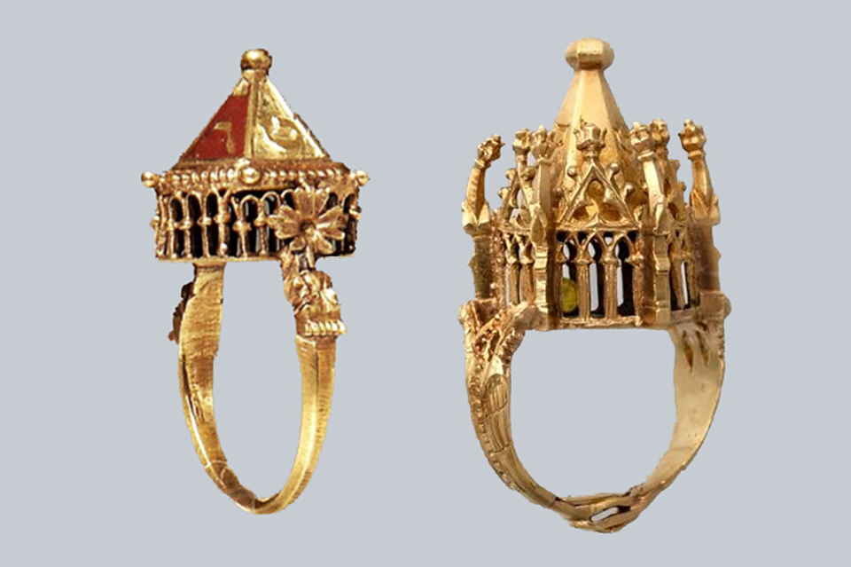Two Medieval Jewish Wedding rings. Collage with rings from Colmar and Erfurt