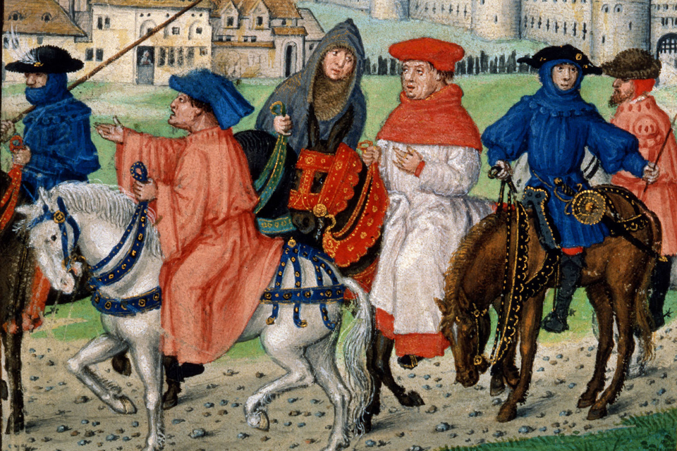 Chaucer's pilgrims on the road to Canterbury, from 'The Siege of Thebes', by John Lydgate, England, 1457–60, Royal MS 18 D II, f. 148r. British Library/Wikipedia
