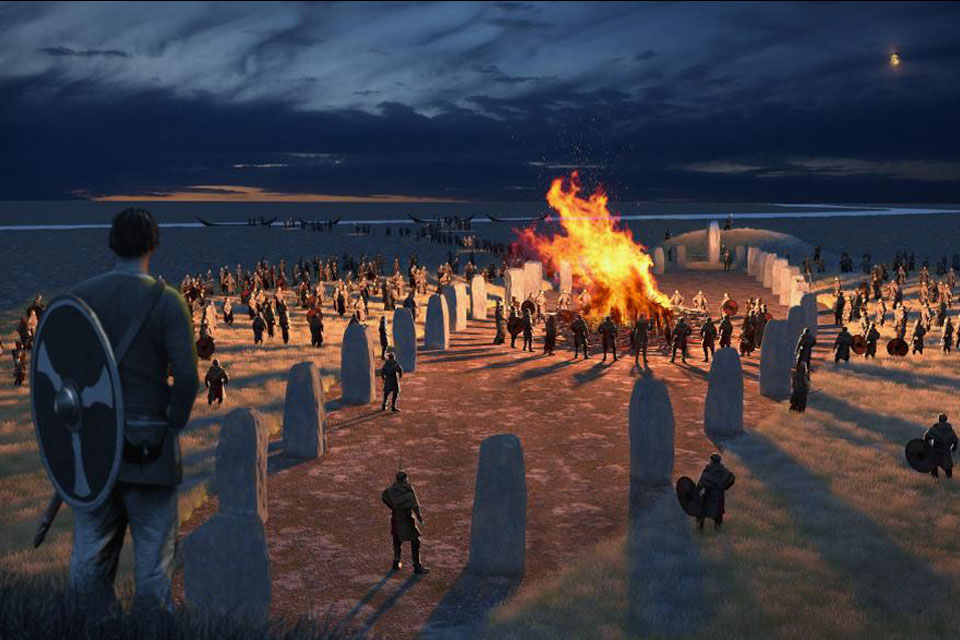 Reconstruction of burial and cremation at the ship-setting at Gudenaaen in the 7th century © Moesgaard/Eric Sosa