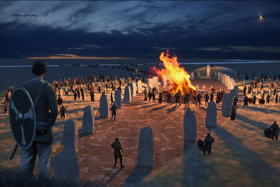 Reconstruction of burial and cremation at the ship-setting at Gudenaaen in the 7th century © Moesgaard/Eric Sosa