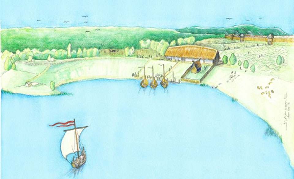 Reconstruction of the Viking age manor at Birka.Reconstruction by Jacques Vincent. Released as part of Press release from Stockholm University