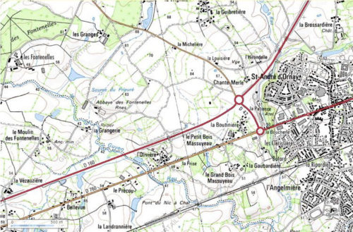 Topographic Map of the location of the Abbey of Fontenelle at La Roche-sur-Yon