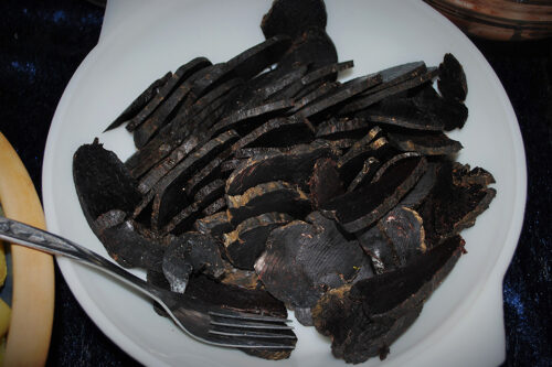 Tvøst - dried whale served at the Faroe Islands. Source: Wikipedia/Erik Christensen/ccbysa