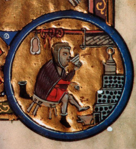 Warming by the Stove. Bayerische Staatsbibliothek. Cod. lat. 3900 fol. 1v