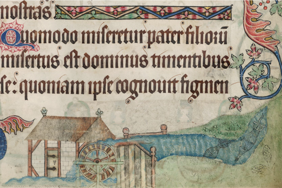 Water mill from Luttrell Psalter fol 181r British Library