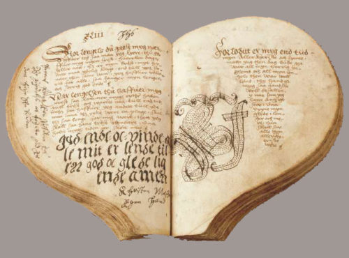 Hjertebogen - Book of Hearts - is the oldest Danish manuscript containing a collection of Ballads. It dates from c. 1550. In: Royal Library, Thott 1510 4º. Source: Wikipedia