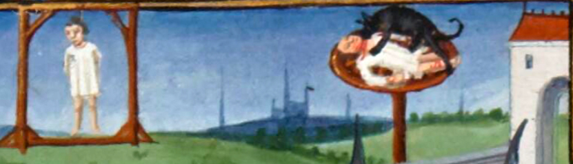 Eolf eating a corpse. From BNF Français 2609: Grandes Chroniques de France, 1471, fol 158r. SOURCE: BnF/CC0