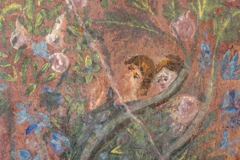 Adam and Eve hiding from God. From the Vienna Gensis 5th century. The Vienna Genesis Material analysis and conservation of a Late Antique illuminated manuscript on purple parchment Ed By Christa Hofmann Boehlau Verlag 2023