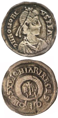 Coin minted in Braga Probably in commemoration of of the "coronation" of Rechiar in c. AD 451. 