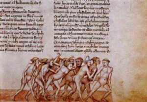 Illumination by a Tuscan artist representing sodomites in a manuscript of Dante's ‘Hell’ with commentary written by the Carmelite friar Guido de Pisa around 1327–28, Condé Museum, Chantill