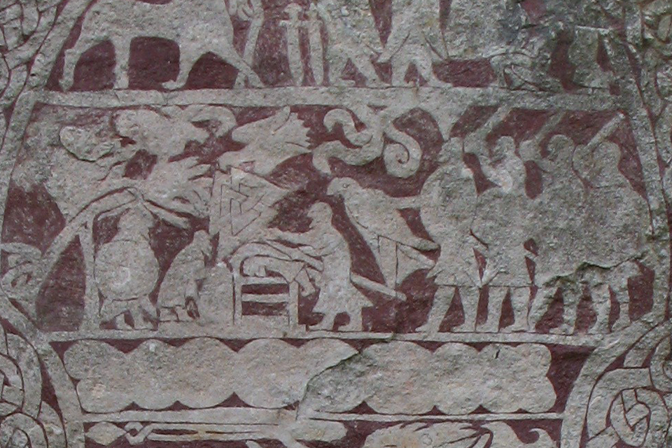 Detail from Hammars Picture Stone, Gotland, showing a sacrifice of a human being. Source: Wikipedia