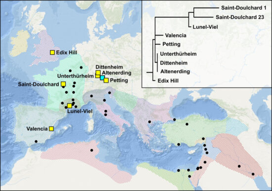 Map and phylogenetic tree showing the newly published (yellow) and previously published (turquoise) genomes. Shaded areas and dots represent historically recorded outbreaks of the First Pandemic. Credit: Marcel Keller p and phylogenetic tree showing the newly published (yellow) and previously published (turquoise) genomes. Shaded areas and dots represent historically recorded outbreaks of the First Pandemic. Credit: Marcel Keller