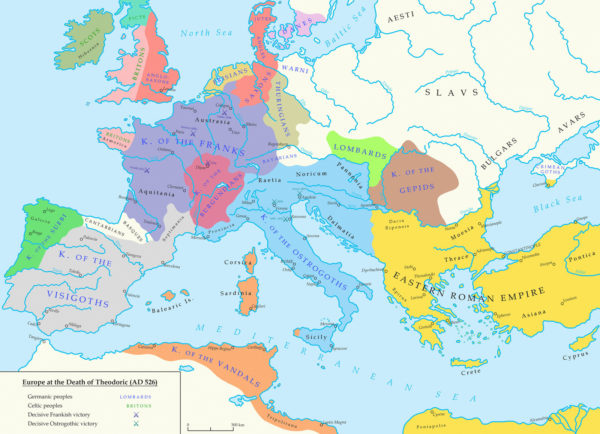Europe at the time of the death of Theoderic AD 526. Source: wikipedia