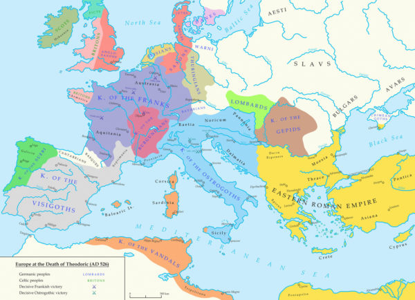 Europe at the time of the death of Theoderic AD 526. Source: wikipedia