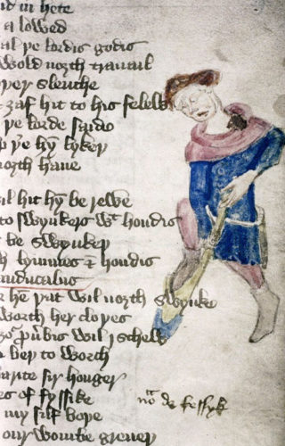 labourer with a spade from Piers Plowman. Source: Bodleian MSDouce 104, f 039r