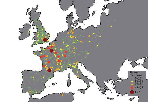 Map concerning outbreaks of plague 1347–1760
