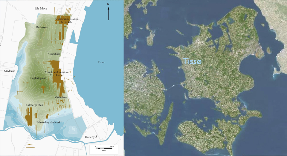 Map of Tissø with excavations. Based on map by Josefine Franck Bican, Michael Nørgaard Jørgensen & Pia Brejnholt, National Museum of Copenhagen