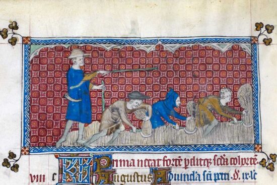 Queen Mary's Psalter. British Library, Royal 2 B VII f. 78v August. Source: Wikipedia
