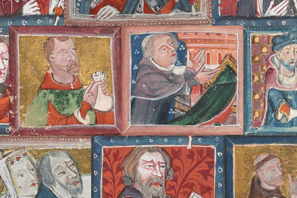 Medieval Londoners. Collage of portraits from © British Library, Liber benefactorum of St Albans Abbey, MS. Cotton Nero D. VII