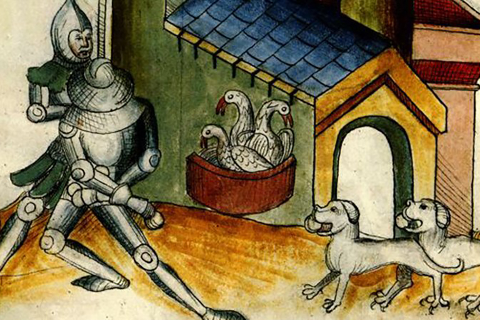 Geese and dogs sounding the alarm i front of a castle Source: Conradus Kyeser: Bellifortis, um 1430, Clm 30150, fol. 28r © Bayerische Staatsbibliothek München