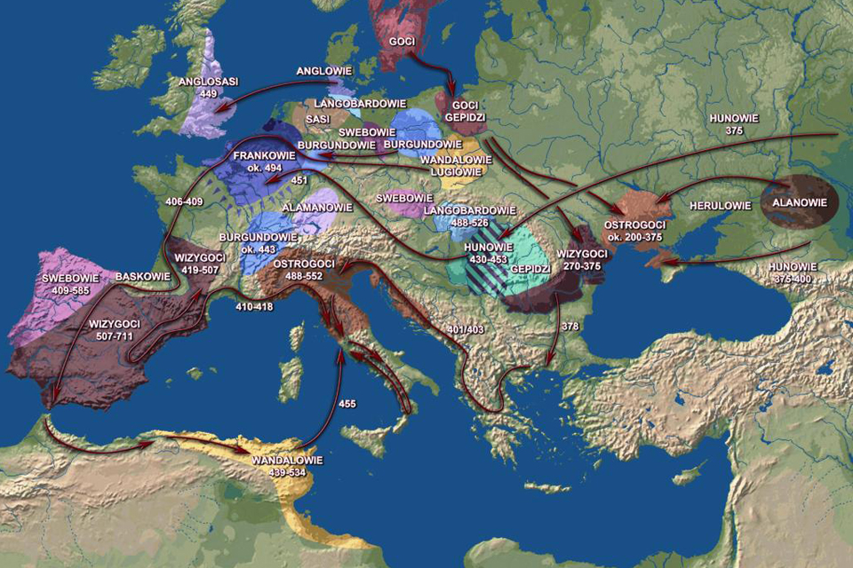 Migrations in Europe c. AD 350 - 600. Source: wikipedia