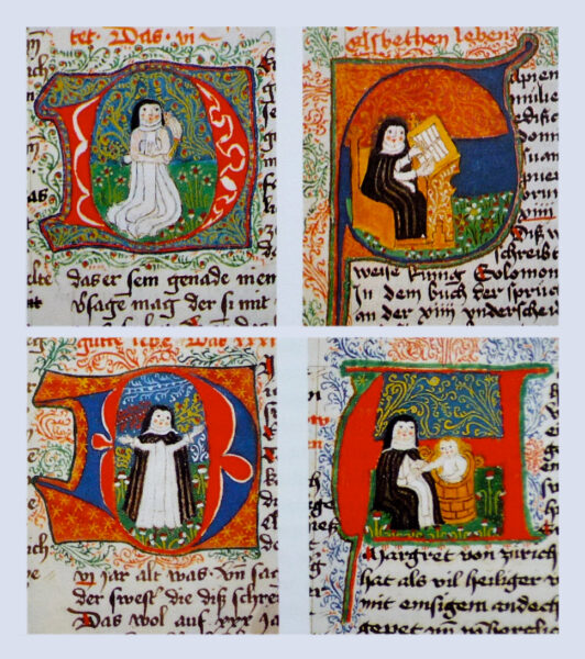Illuminated letters from a manuscript with the Sisterbook of Töss Monastery. Stadtsbibliothek Nürnberg, Ms Cent. V 10a. Source: wikimedia