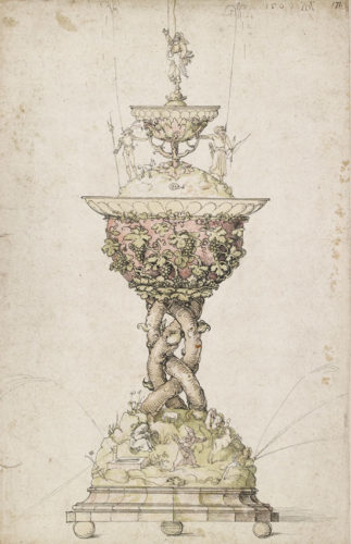 Albrecht Dürer (1471-1528), Design for a Table Fountain, around 1500, Pen in brown ink, with watercolor in green, pink and brown, 30,1 x 19,3 cm, The Ashmolean Museum, University of Oxford, © The Ashmolean Museum, University of Oxford.