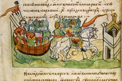 Oleg of Novgorod's campaign against Constantinople. Source: The Radziwiłł Letopis, also known as the Königsberg Chronicle. Source: Wikipedia