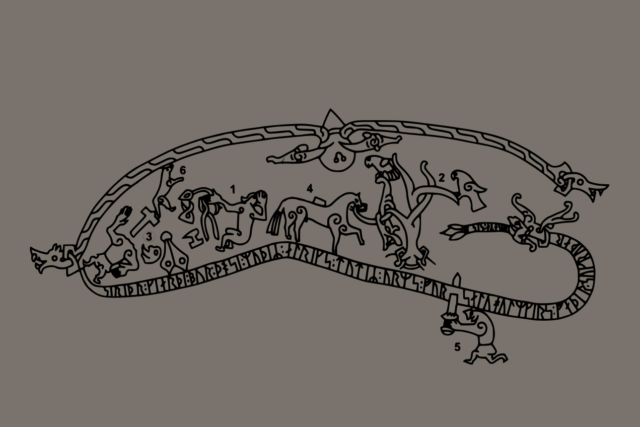 Drawing of the Ramsund carving from c. 1030, illustrating the Völsunga saga on a rock in Sweden. Source: Wikipedia