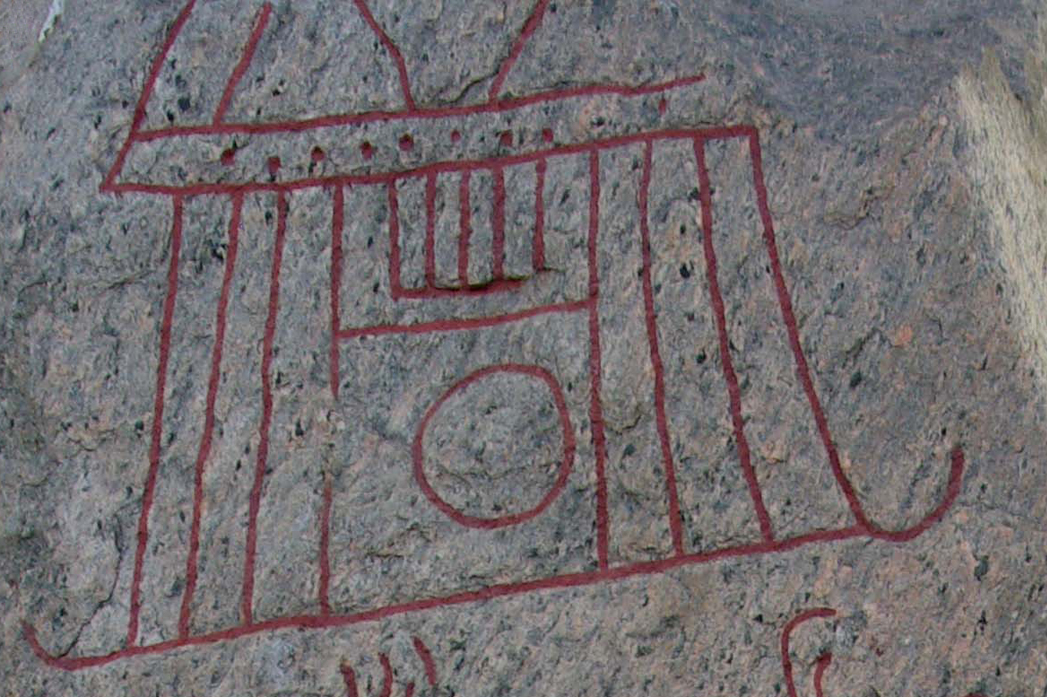Sparlösa runestone with traced depiction of what is perhaps a viking temple