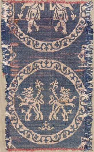 Textile from Late Antiquity with dancing people and lions