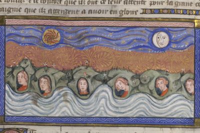 The earthquake at the opening of the Sixth Seal: six heads in holes in the ground with a river in the foreground and the sun and moon, Yates Thompson MS 10, f. 11r (detail), France (Paris), 1370-1390