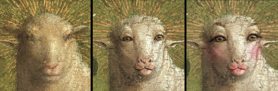 Collage of the Lamb from the van Eyck Altarpiece in Ghent - three versions: ca 1550, ca. 1432, ca. 2020