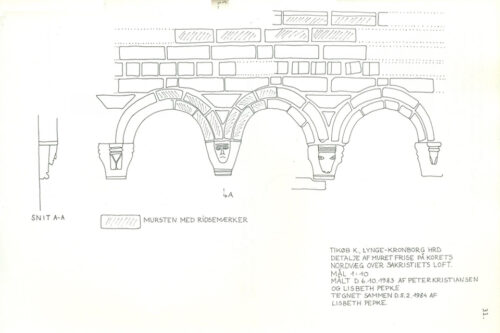 Tikøb Church. Unpublished drawing of hidden portraits by © Lisbet Perke 1984