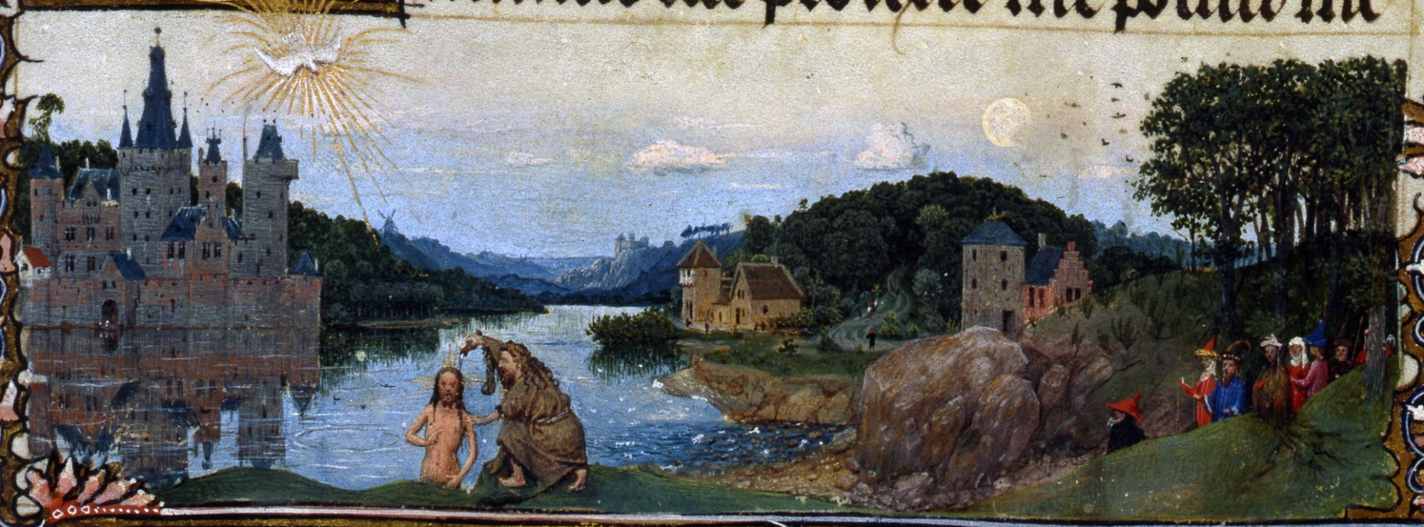 Baptism of Christ in hte River Jordan. The Turin Milano Book of hours. Turin. Source. Wikipedia