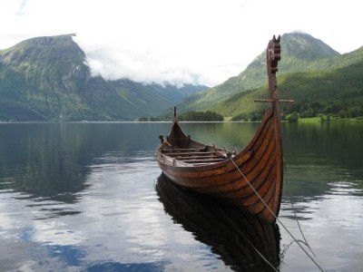 Viking ship by Fjord in Western Norway