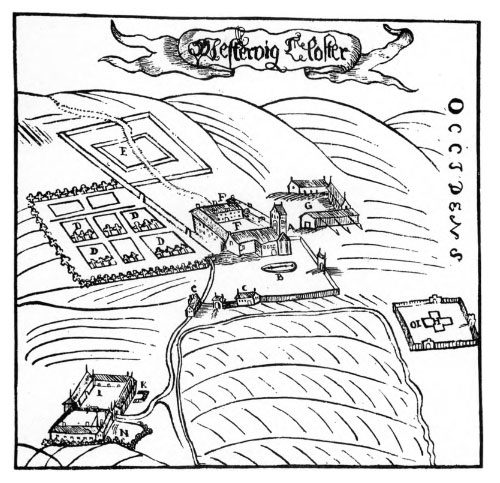 estervig Abbeay c. 1680 from Reesen's Atlas. b) indicates the location of the grave according to the legend.