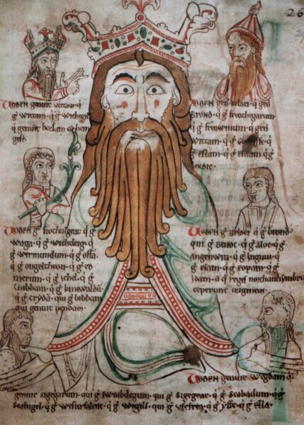Woden and his descendants. From The Libellus de primo Saxonum uel Normannorum adventu. London, British Library: Cotton Caligula A. viii, f. 29r
